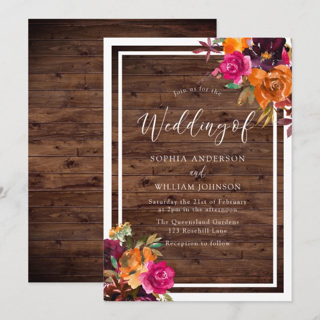 Rustic Wood Tropical Autumn Flowers Wedding Invitation (Front/Back)