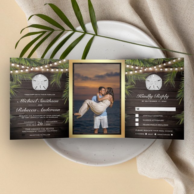 Rustic Wood Tropical Palm Leaf Sand Dollar Wedding Tri-Fold Invitation (Creator Uploaded)