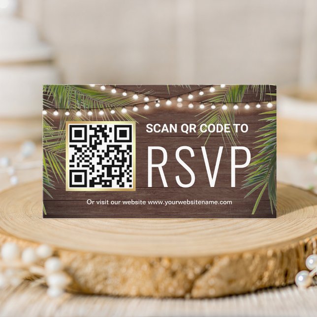 Rustic Wood Tropical Palm QR Code RSVP Wedding Enclosure Card (Creator Uploaded)