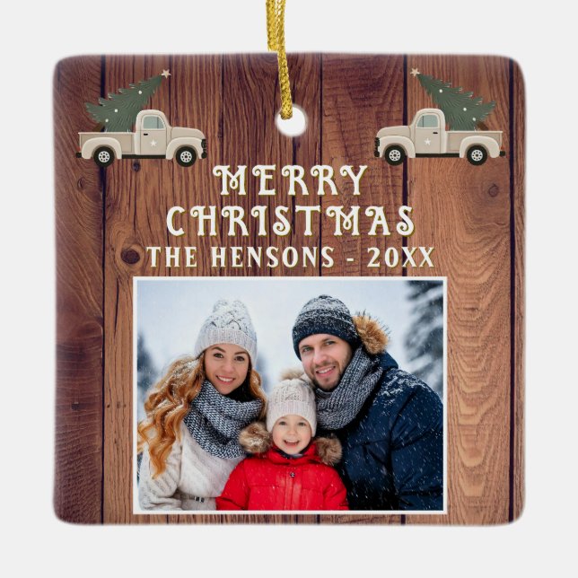 Rustic Wood Truck Family Photo Merry Christmas Ceramic Ornament (Front)