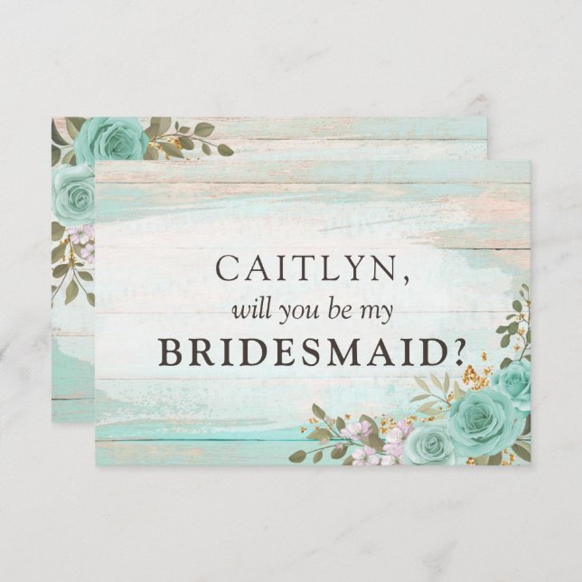 Rustic Wood Turquoise Floral Bridal Party Proposal Invitation (Front/Back)