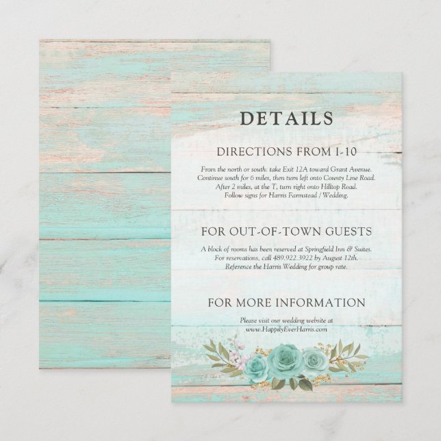Rustic Wood Turquoise Floral Details / Directions Enclosure Card (Front/Back)