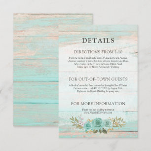 Rustic Wood Turquoise Floral Details / Directions Enclosure Card