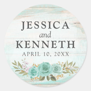 Rustic Wood Turquoise Floral Names & Wedding Date Classic Round Sticker