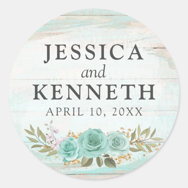 Rustic Wood Turquoise Floral Names & Wedding Date Classic Round Sticker (Front)