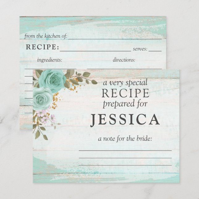 Rustic Wood Turquoise Floral Recipe Card For Bride (Front/Back)