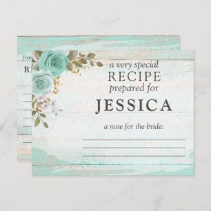 Rustic Wood Turquoise Floral Recipe Card For Bride