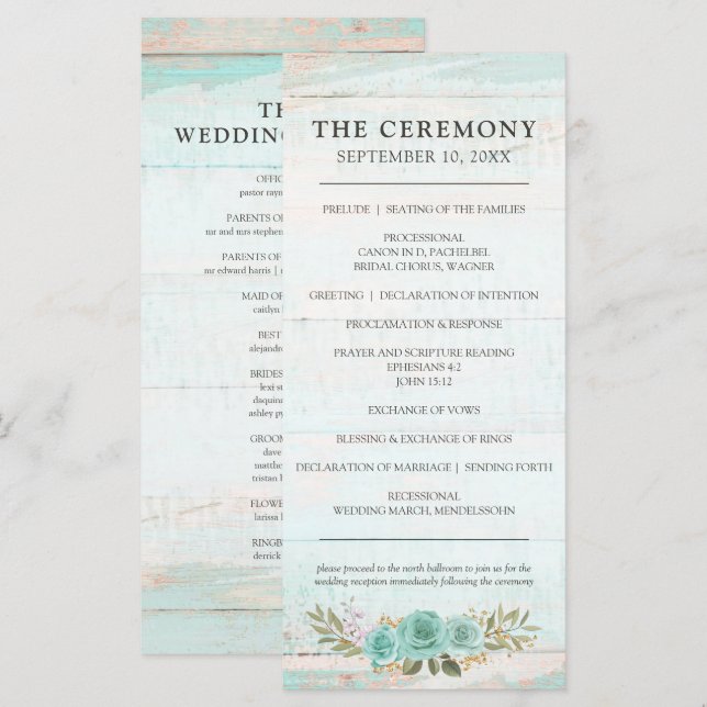 Rustic Wood Turquoise Floral Roses Wedding Program Programme (Front/Back)