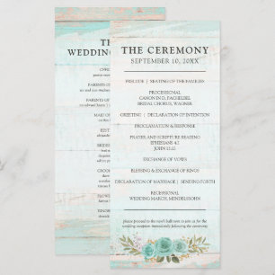 Rustic Wood Turquoise Floral Roses Wedding Program Programme