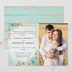 Rustic Wood Turquoise Roses Engagement Party Photo Invitation