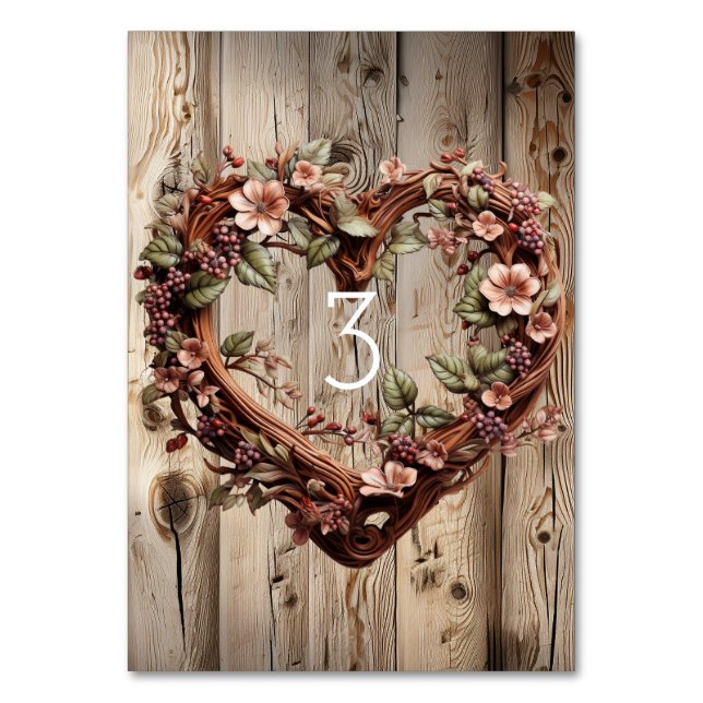 Rustic Wood Twig Heart  Wreath Pink Flowers Table Number (Front)