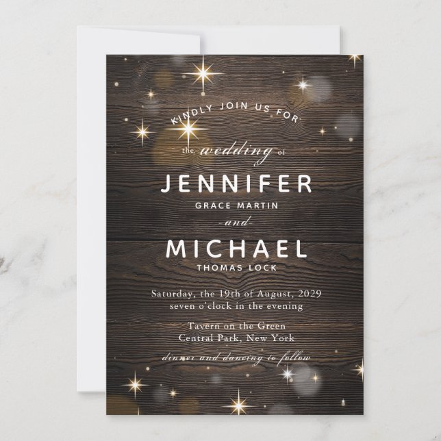 Rustic Wood Twinkle & Light Evening Wedding Invitation (Front)
