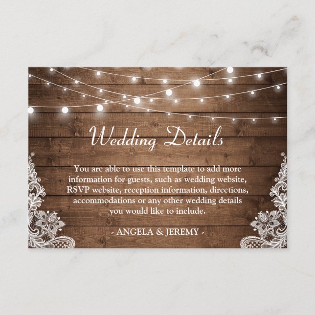 Rustic Wood Twinkle Lights Lace Wedding Details Enclosure Card (Front)