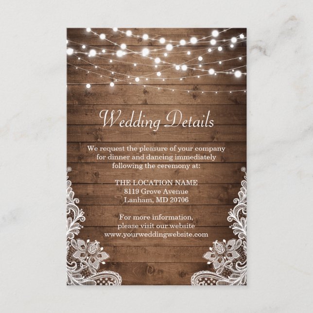 Rustic Wood Twinkle Lights Lace Wedding Details Enclosure Card (Front)