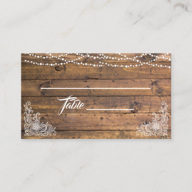 Rustic Wood Twinkle Lights Lace Wedding Place Card (Front)