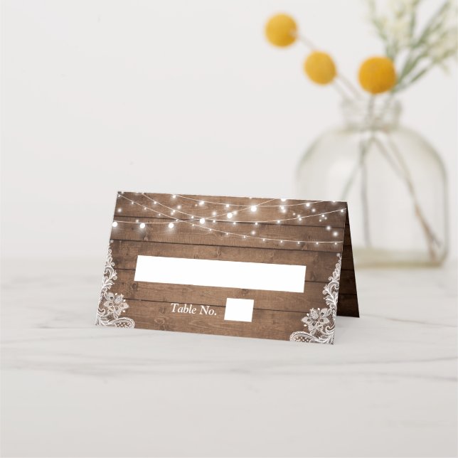 Rustic Wood Twinkle Lights Lace Wedding Place Card (Front)