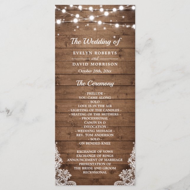 Rustic Wood Twinkle Lights Lace Wedding Program Programme (Front)