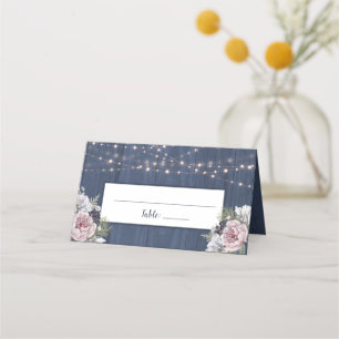 Rustic Wood Twinkle Lights Photo Floral Wedding Place Card