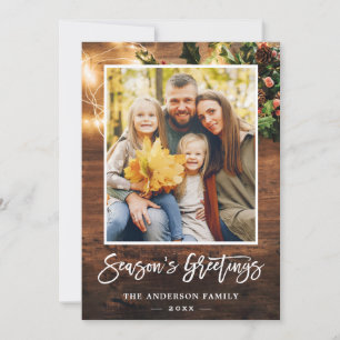 Rustic Wood Twinkle Lights Season's Greeting Photo Holiday Card