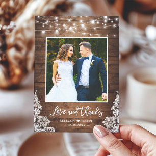 Rustic Wood Twinkle Lights Wedding Photo Thank You Card