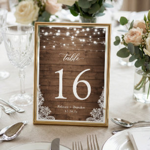 Rustic Wood Twinkle Lights Wedding Table Number