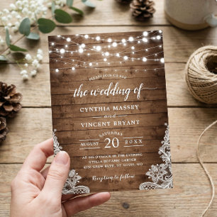 Rustic Wood Twinkle String Lights Lace Wedding Invitation
