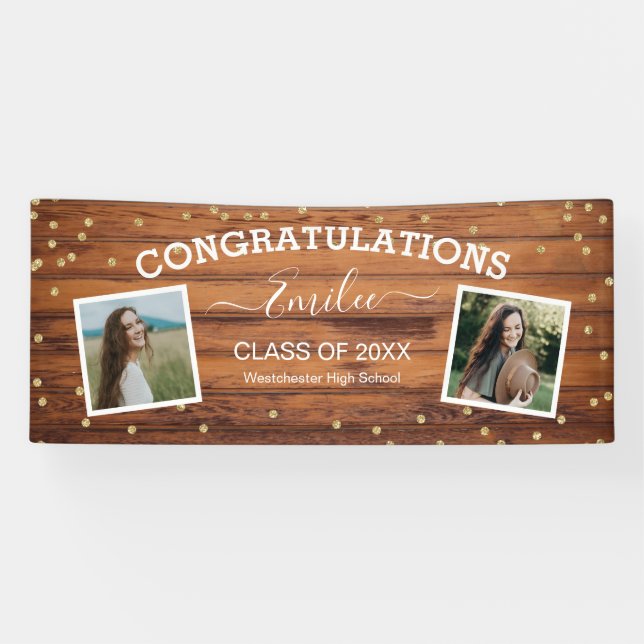 Rustic Wood Two Photo Congratulations Graduation Banner (Horizontal)