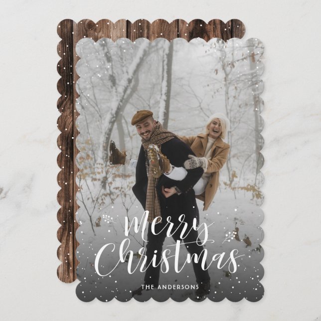 Rustic Wood Typography Snow Photo Merry Christmas Holiday Card (Front/Back)