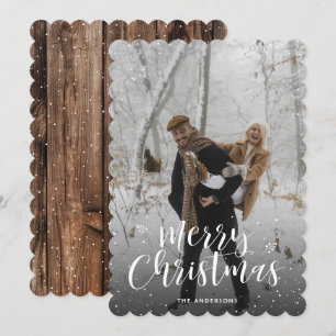 Rustic Wood Typography Snow Photo Merry Christmas Holiday Card