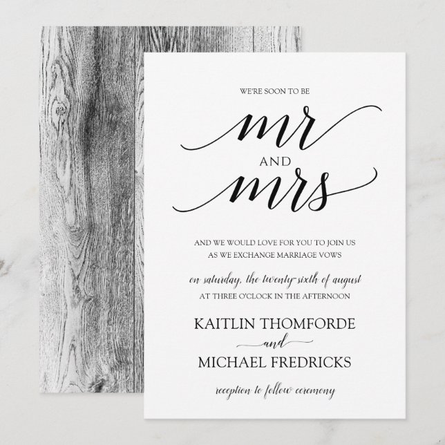 Rustic Wood Typography Wedding Invitations Black (Front/Back)