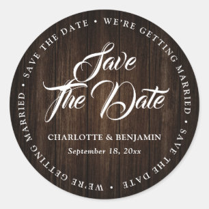 Rustic Wood Typography Wedding Save The Date Classic Round Sticker