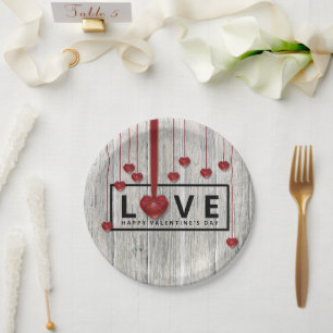 Rustic Wood Valentine's Day LOVE Red Hearts Modern Paper Plate