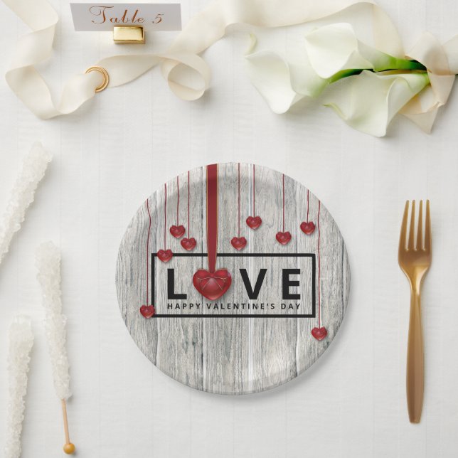 Rustic Wood Valentine's Day LOVE Red Hearts Modern Paper Plate (Wedding)