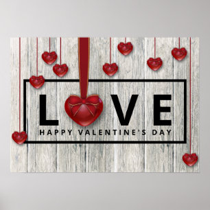 Rustic Wood Valentine's Day Modern LOVE Red Hearts Poster