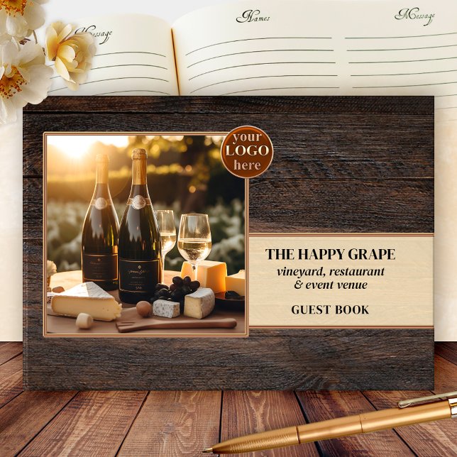 Rustic Wood Vineyard Wine Photo Guest Book (Business guest book featuring your custom photo framed by a rustic wood design with logo and QR code)
