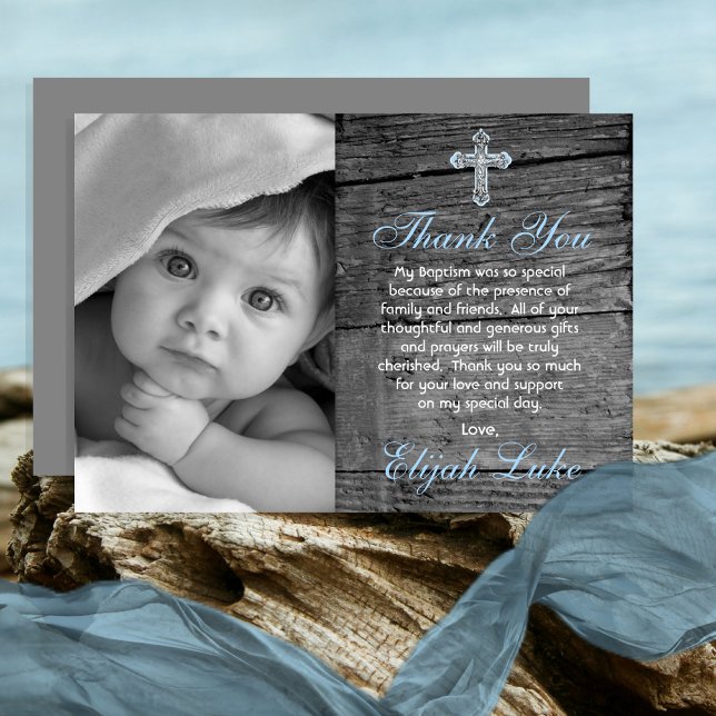 Rustic Wood Vintage Cross Photo Baptism Thank You (Creator Uploaded)