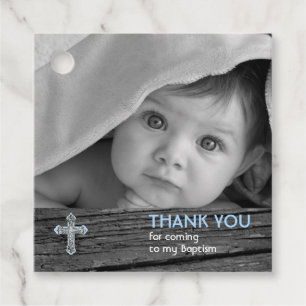 Rustic Wood Vintage Cross Photo Baptism Thank You Favour Tags