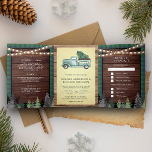 Rustic Wood Vintage Green Christmas Truck Wedding Tri-Fold Invitation