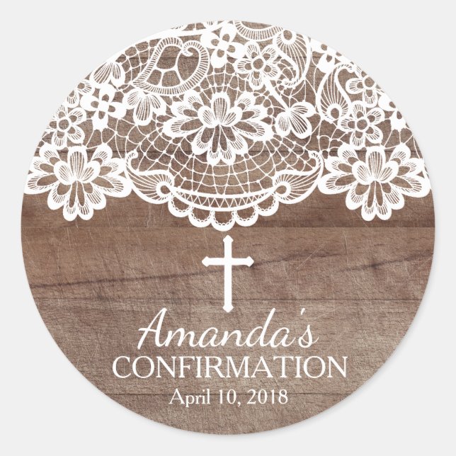 Rustic Wood Vintage Lace Confirmation Sticker (Front)