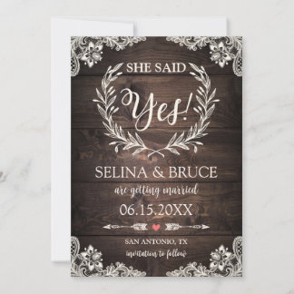 Rustic Wood Vintage Lace Save the Date Card