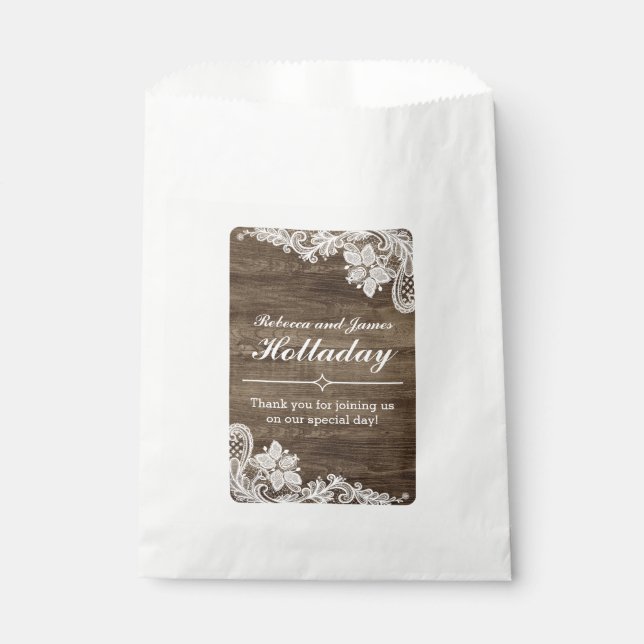 Rustic Wood & Vintage Lace Wedding Personalised Favour Bags (Front)