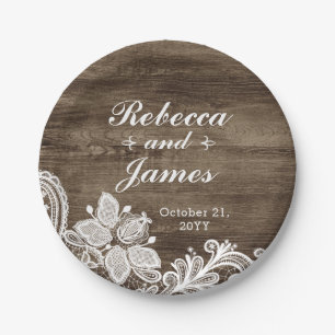 Rustic Wood & Vintage Lace Wedding Personalised Paper Plate