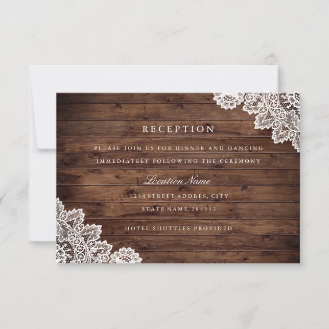 Rustic Wood Vintage Lace Wedding Reception Invitation (Front)