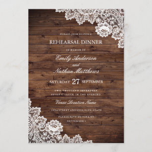 Rustic Wood Vintage Lace Wedding Rehearsal Dinner Invitation