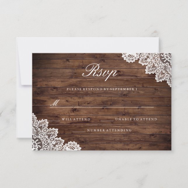 Rustic Wood Vintage Lace Wedding RSVP (Front)