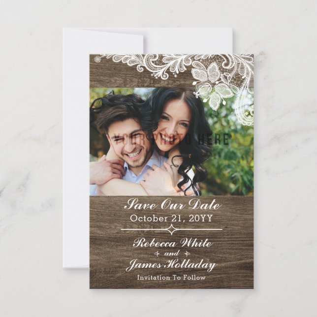 Rustic Wood & Vintage Lace Wedding Save The Date (Front)