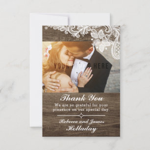 Rustic Wood & Vintage Lace Wedding Thank You Card