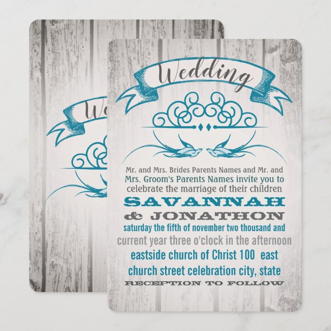 Rustic Wood Vintage Love bird Wedding Invitation (Front/Back)