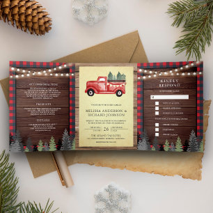 Rustic Wood Vintage Red Christmas Truck Wedding Tri-Fold Invitation