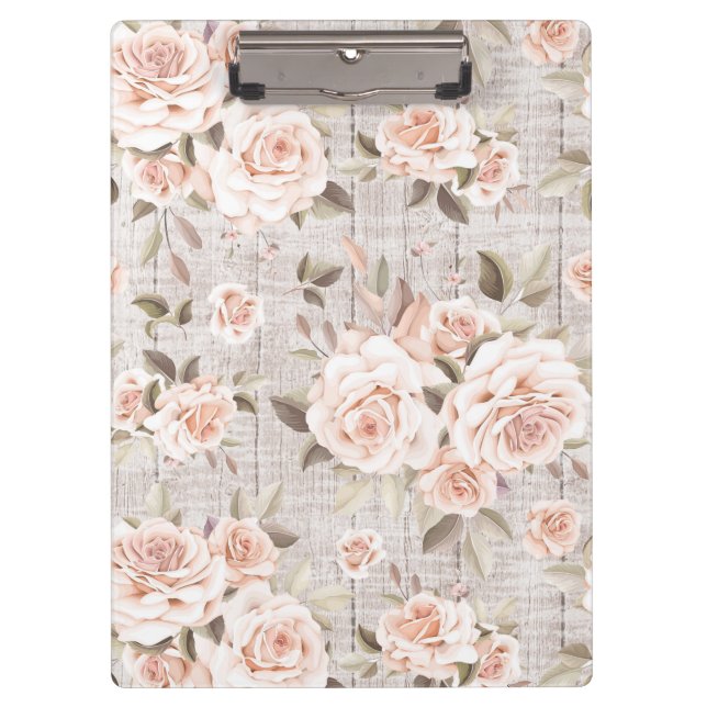 Rustic Wood & Vintage Roses Romantic Shabby Chic Clipboard (Front)